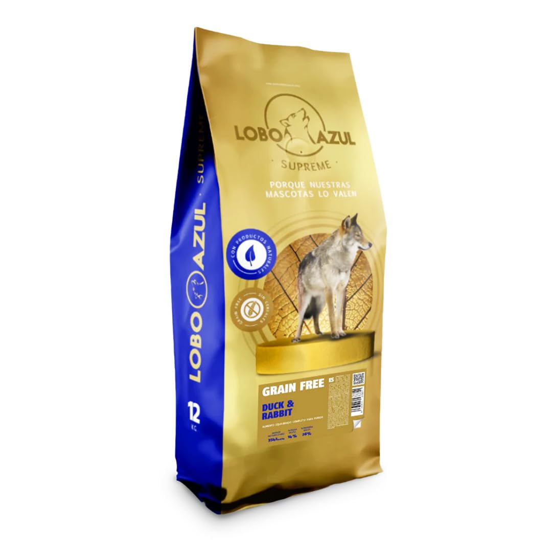Pienso para Perros Grain Free Duck & Rabbit - Comida Natural e Hipoalergénica para Perros Adultos - Pienso sin Cereales, Rico en Proteínas de Pato y Conejo - 12kg - Lobo Azul Supreme