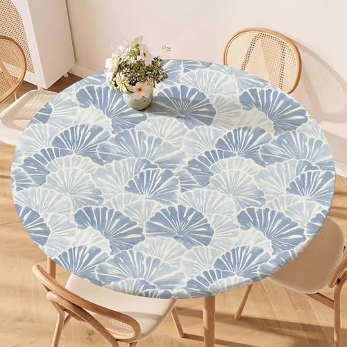 viaowan Fitted Round Tablecloth with Elastic Edge – Washable, Anti-Slip, Wrinkle-Free Table Cover for 36"-42" Round Tables, Featuring Blue and White Design