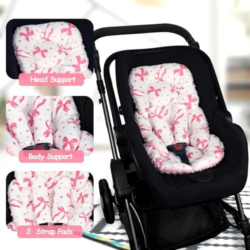 Image of Infant Car Seat Insert with 2 Strap Pads, Super Soft Carseat Head and Body Support for Baby Boys and Girls, Reversible Newborn Car Seat Insert Cushion for Strollers, Bouncers, Swing, Pink Bow
