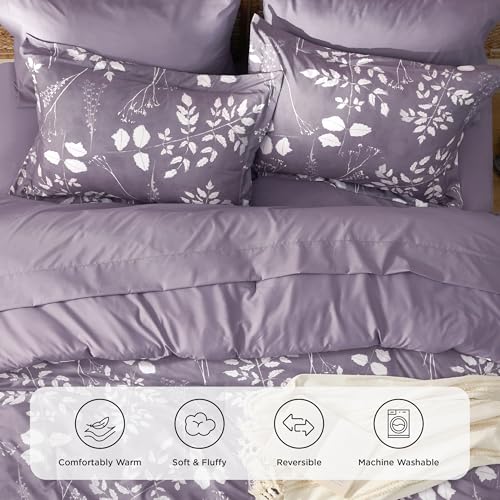 Image of Bedsure Floral Grayish Purple Comforter Set, King Bedding Sets, 7 Piece | Bed in a Bag, Comforters, Bedroom, Reversible, Fluffy, Whisper-Quiet, All-Season, Polyester, Easy Care, Botanical-Chic, OEKO