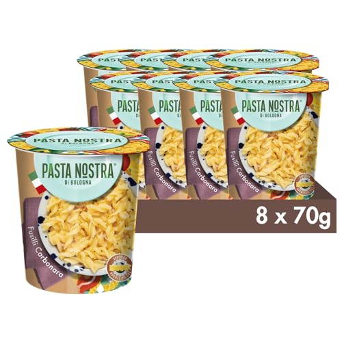 Pasta Nostra | Instant Pasta Pots, Fusilli CARBONARA, Instant fusilli pasta with a cheese and bacon sauce, Pack of 8 x 70g, Made in Italy, Ready in 5 minutes