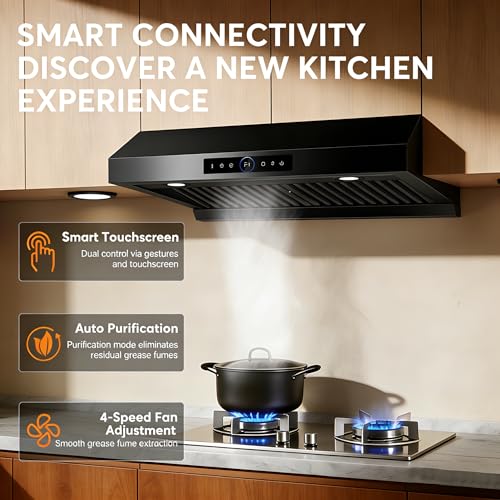 Image of 1200 CFM Black Range Hood 30 Inch, Under Cabinet Range Hood 30 Inch, 4-Speed Kitchen Hood with Gesture Sensing & Touch Control Kitchen Stove Vent Hoods, Supports Only Duct Installation