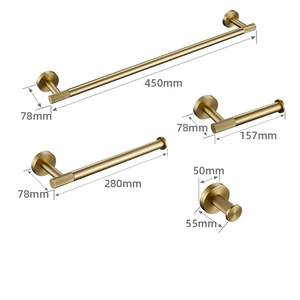 Toallero de oro cepillado moleteado para toallero, gancho para bata, soporte de papel, soporte para cepillo de inodoro, accesorios de baño, kit, 45