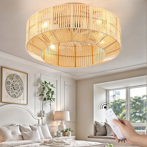 DWVO 18 Inch Boho Caged Ceiling Fan with Lights, Flush Mount Ceiling Fans with Remote, 6 Speeds, Reversible Blades, Enclosed Fan Lights for Living Room, Bedroom, Dining Room, Kitchen