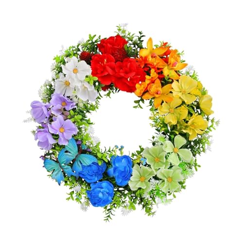 16 Inch Pride Month Rainbow Wreath for Front Door Artificial Orchid Spring Summer Wreaths Colorful Faux Flowers Wreath Hanging Decorations for Wall Window Porch Home Party Indoor Outdoor Decor