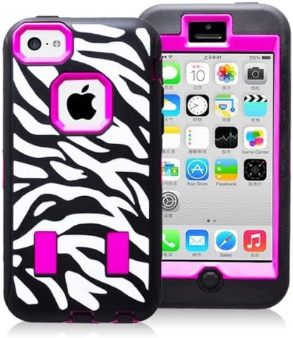 Apple iPhone 5C Hybrid (Hard Plastic inside, Silicon Gel Outside) Defender Impact Case Cover Snap-On Zebra Skin Design Animal Safari - Hot Pink / Black