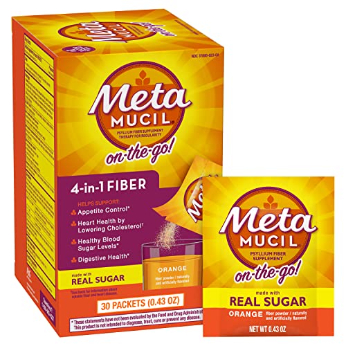 Metamucil On-the-Go Daily Psyllium Husk Powder Supplement with Real Sugar 4-in-1 Fiber for Digestive Health Orange Smooth Flavored Drink 2 pack x 30 count = 60 Packs Total