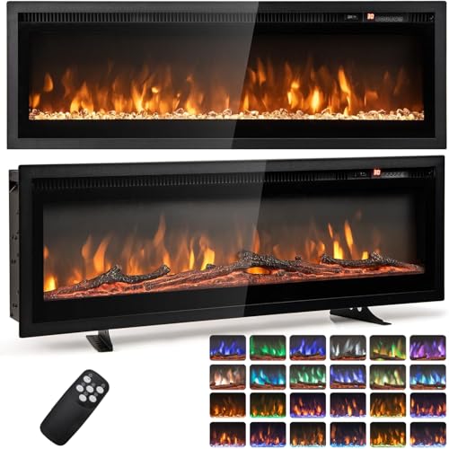 COSTWAY 40"/50" Electric Fireplace, Wall Mounted/Recessed/Freestanding Fire Heater with 12 Flame & 12 Ember Bed Colors, 5 Brightness, Remote Control, 8H Timer, Thermostat, 750W/1500W