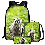 Parprinty Kids Novelty Animal Backpack and Lunch Box for Boys Girls Student Lightweight 17 Inch School Lemur Backpack with Lunch Bag Pencil Case Kids Comfy Padded Black Large Bookbag