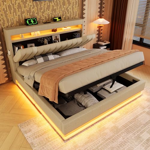 Ktipm Cama 180x200 cm Camas Matrimoniales con Cabecero de Almacenaje y USB, Cama Doble Tapizada con LED y Compartimento Hidráulico, Estructura Camas con Listones de Madera, Lino, Sin Colchón, Beige