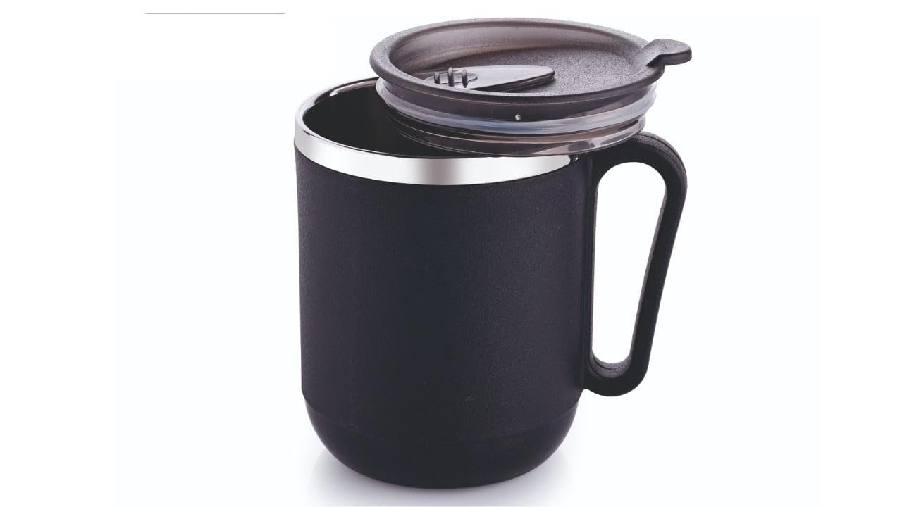 AARNAV Coffee Mug | N-Joy Unbreakable Mug with Cap Stainless Steel Plastic Covered Travel Mug with lid for Tea, Coffee, Milk 400 ML Black Coffee Mug