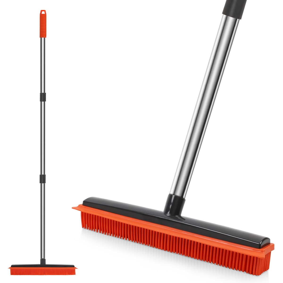 JIUNENG Scopa in Silicone con Manico Lungo, Senza Graffi, Scopa in Gomma per la Rimozione dei Peli di Animali Domestici, per Pavimenti Moquette Piastrelle Finestre Giardini, Arancione