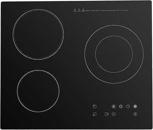 Placa eléctrica de 3 quemadores, estufa de cerámica de 24 pulgadas, 2600 W, 110 V, control táctil de 9 niveles con temporizador y bloqueo para