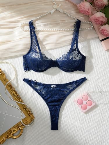 Image of Lilosy Sexy Floral Lace Scallop Underwire Push Up Sheer Lingerie Set Outfits