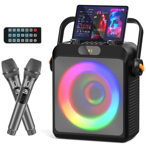 HWWR Karaoke Machine with 2 Wireless Microphones, Karaoke Microphone Wireless System with DJ Lights for Adults Kids, Portable Karaoke Speaker for Home Party, Outdoor, Bluetooth Speaker Support REC,TWS