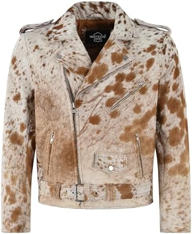 Men&#39;s Brando Style Biker Leather Jacket Hair On Cowhide Classic Fashion Jacket MBF