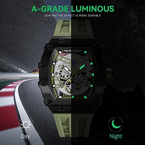 Image of TSAR BOMBA Men's Automatic Watch Tonneau Luxury Skeleton Watches for Men Mechanical 50M Waterproof Analogue Watches Mens Unique Cool Square Big Face Dial Wristwatch with Silicone Strap Band