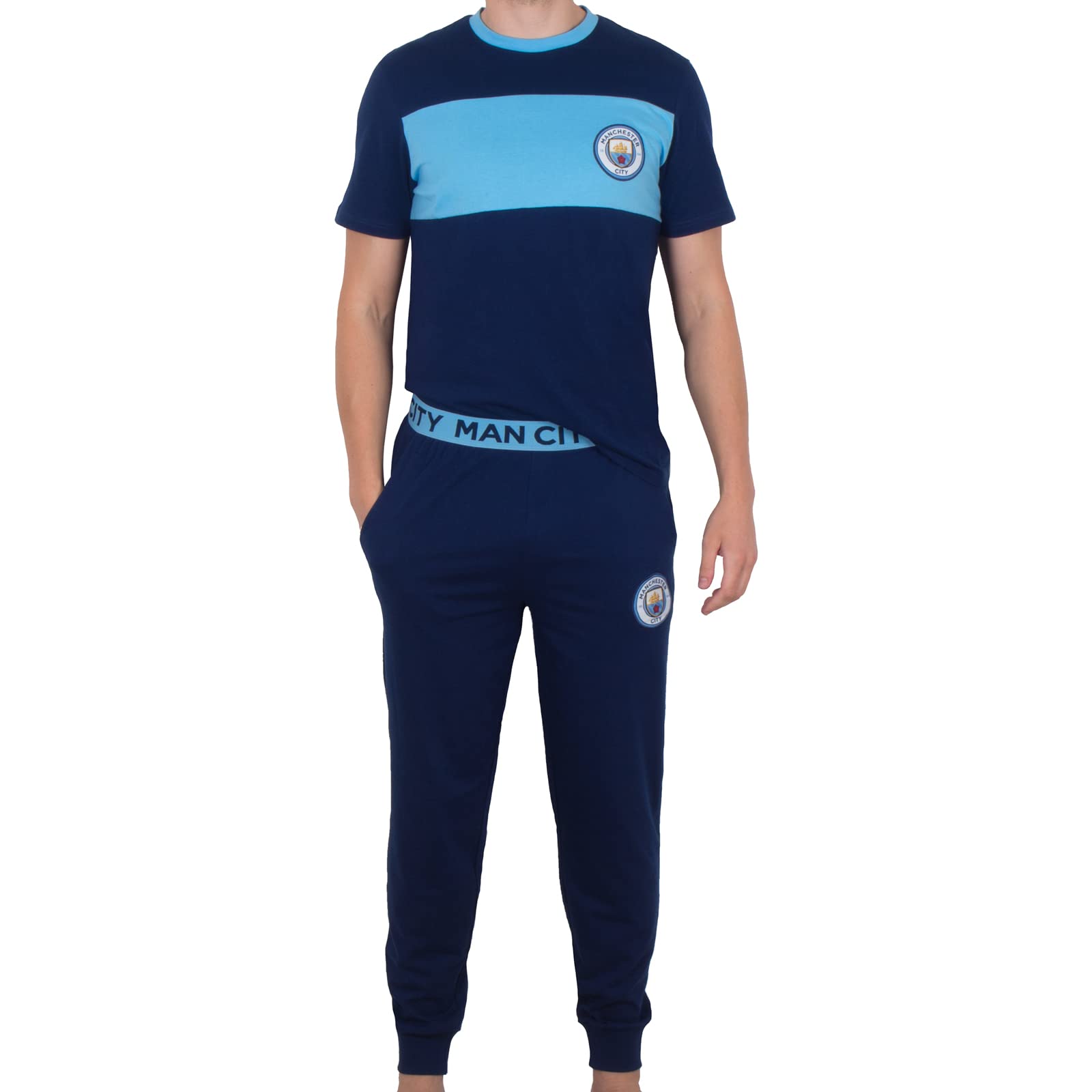 Manchester City Fc Official Mens Premium Long Pyjamas Set Navy/Sky Xxl Blue