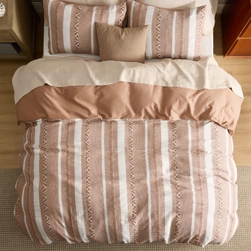 Image of Bedsure PureWoven Boho Striped 100% Cotton Waffle Duvet Cover Set, Queen