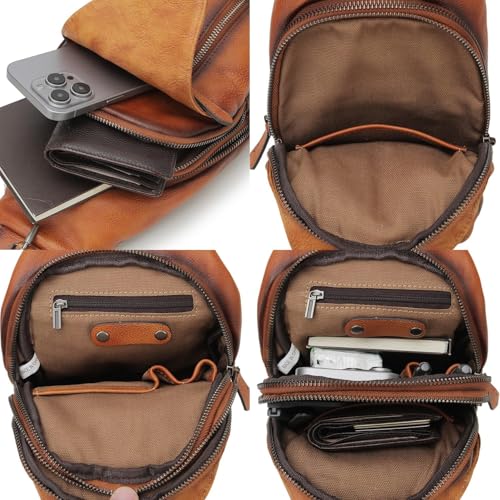 Image of Genuine Leather Sling Bag for Men and Women Chest Pack Purse Crossbody Shoulder Bag Sling Backpack (Brown)