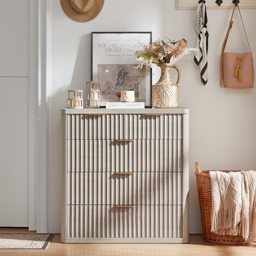 Image of LEYAOYAO Fluted 5 Drawers Dresser for Bedroom Set of 2, 34 inch Tall Modern Chest of Drawers with Metal Handle, Curved Profile Design,Wood Drawer Organizer for Bedroom, Living Room, Hallway,Lightgrey