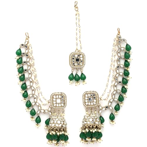 Image of ZENEME Traditional Gold Plated Kundan And Pearl Beaded Baahubali Jhumkas With Multi Layered Ear Chain Earrings for Women & Girls