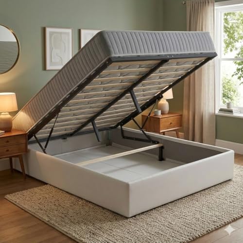 Ensemble Lit Coffre et Matelas 160x200 cm - Couleur : Blanc - Sommier Relevable avec Grand Coffre de Rangement et Vérins Hydrauliques - Matelas Latex Soutien...