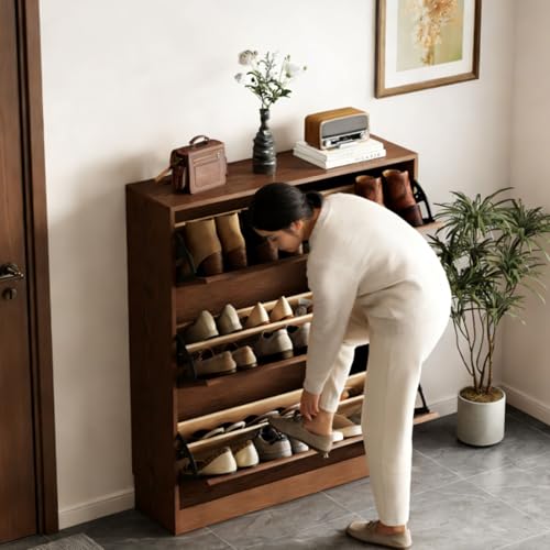 Image of KungFuWood Soild Wood Shoe Storage Cabinet with 3 Flip Drawers for Entryway,Narrow Shoe Rack Cabinet with Adjustable Shelves 38 W, Morden Hidden Shoe Closet Wooden