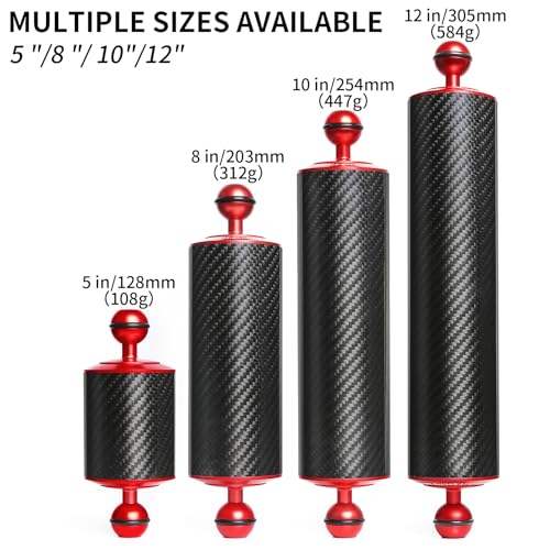 Image of Red 12 inch Carbon Fiber Underwater Float Arm (2-Pack) - Ultralight Dual 1 inch Ball Buoyancy System for Diving Tray Video Lights & Strobes