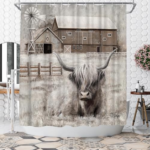 WELMECO Country Shower Curtain Highland Cow Print Shower Curtain Farmhouse