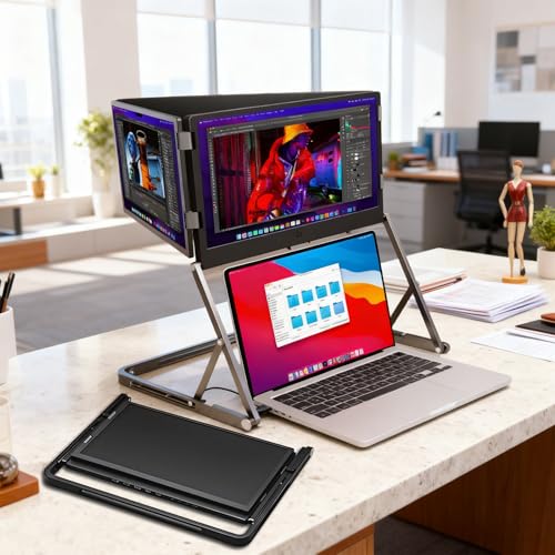 Image of 15.6-inch Laptop Screen Extender, Triple Monitor, 1920 x 1080 FHD Portable Triple fold Monitor, Compatible with Windows and Macos, 360 Rotation Angle