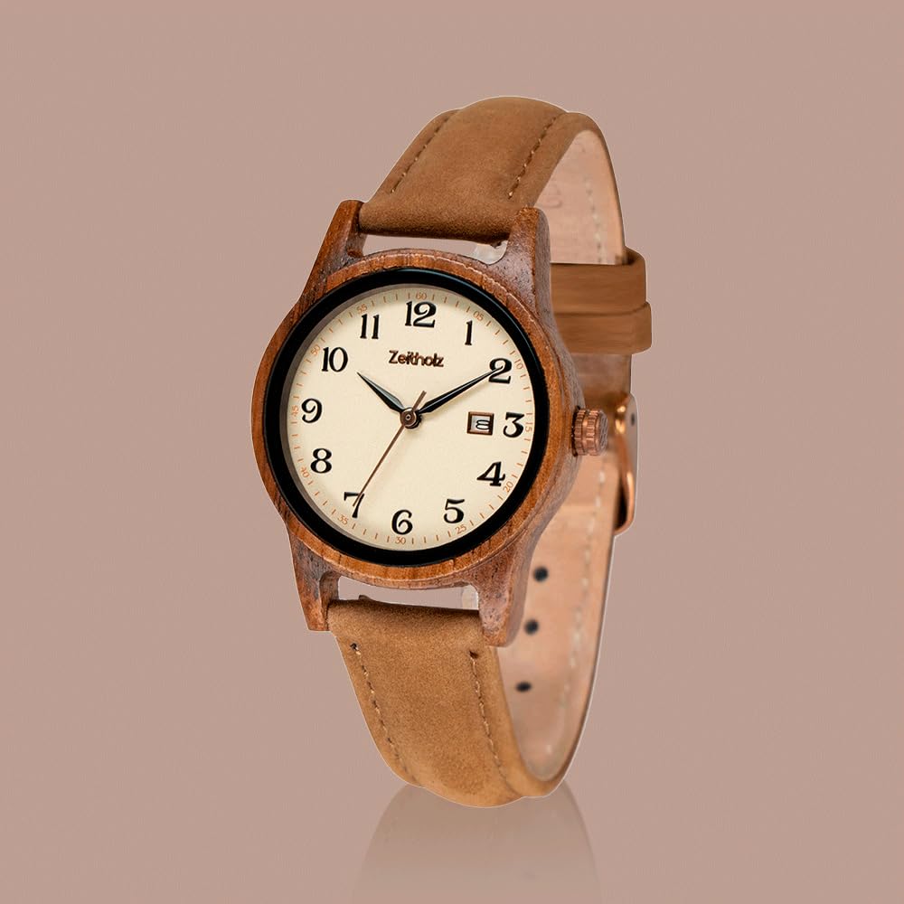 Holzuhr Damen, Armbanduhr, Analog, Quarz, Leuben Holzuhren 36mm, 100% Naturholz mit Japanischem Quarzwerk, Monatskalender und kostenlosem Lederarmband.