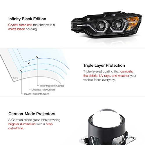 VIPMOTOZ Truly Bright Series LED Halo Ring Black Housing Quad Projector Headlight Headlamp Assembly For 2012-2015 BMW 3-Series F30 Pre-LCI Sedan Halogen Model, Driver & Passenger Side