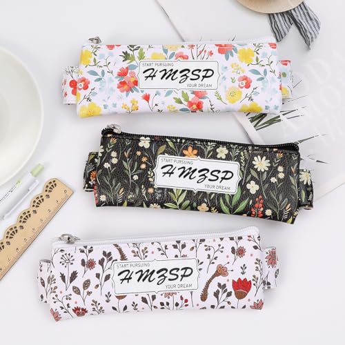 Image of Adjustable Elastic PU Pen Holder for Notebook, Stationery School Supplies Zipper Bag for Journals, Book,Planners,Black Flower,3 PCS