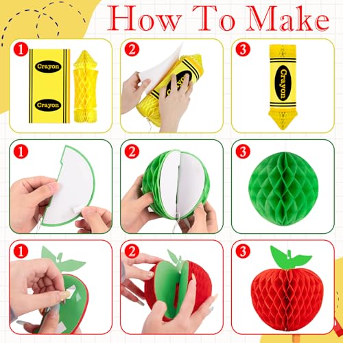 Image of 24Pcs Apple-Shaped Crayon-shaped Hanging Honeycomb Balls Welcome Back to School Classroom Decorations for Teacher Appreciation Week First Day of School Party Supplies Decor