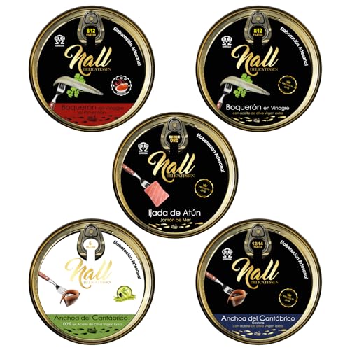 NALL DELICATESSEN (Pack 5 Latas) Anchoas del Cantábrico XXL 000 + Anchoas con Aceite de Oliva Virgen Extra + Boquerón en Vinagre + Ventresca de Atún + Boquerón en Vinagre al Pimentón