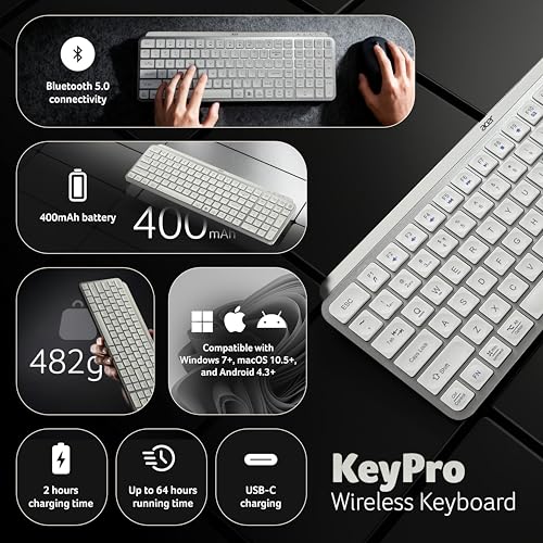 Image of Acer KeyPro X105 Wireless Keyboard I Dual Mode 2.4GHz USB + BT 5.0 I 105 Keys Full Size Keyboard I Rechargeable 400mAh Battery I USB-C Charging I 64H Use I Windows Mac Android Compatible I Silver