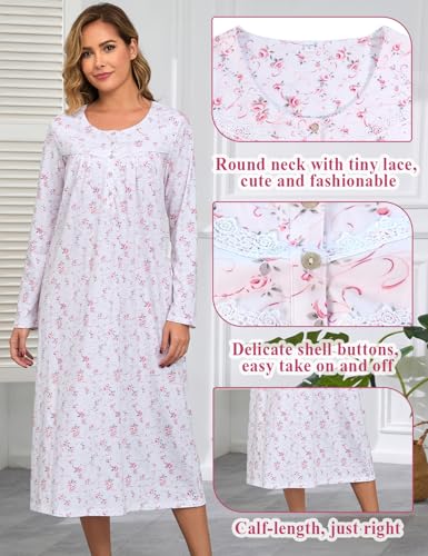 Image of IZZY + TOBY Nightgowns for Women Long Sleeve Soft Cotton Long Warm Nightdress Kintted Night Gown