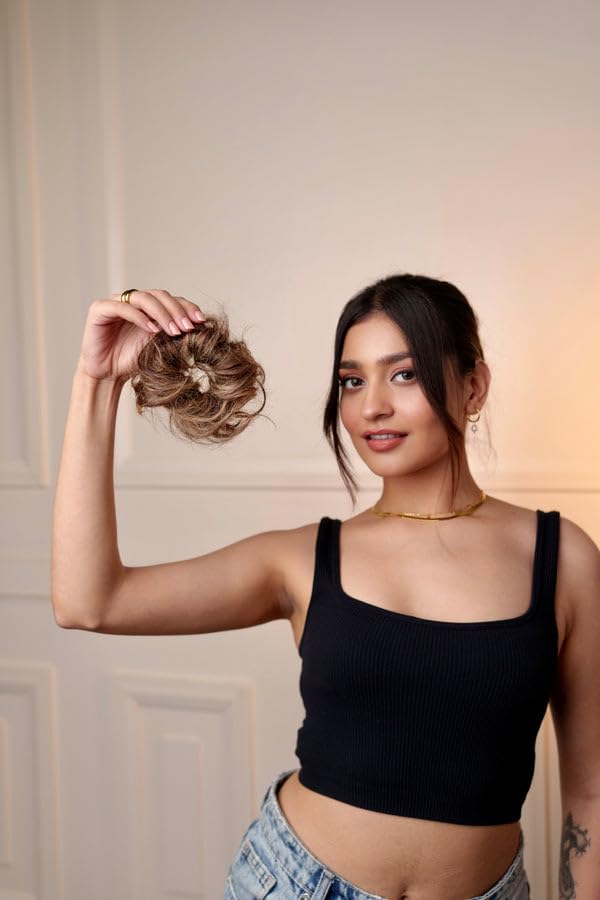 Image of Curl' O Hair Messy Bun Scrunchie | Elastic Hairpiece Extension for Voluminous Updos and Effortless Bun Styling | Lightweight Wavy Hair Updo Extension | Light Brown