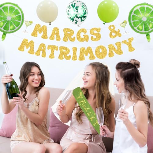 Image of Roetyce Margs and Matrimony Bachelorette Party Decorations, Green Bachelorette Party Decor Bride to Be Sash Veil Cake Topper, Margarita Banner Balloons for Mexican Fiesta Wedding Bridal Shower Party