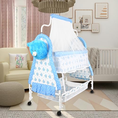 Image of Baby Cradle Swing with Polka Dot Pattern,Portable Foldable Design, Indoor Nursery Furniture (Blue 2)