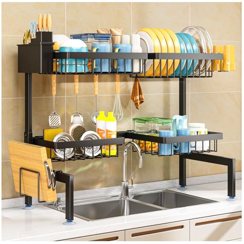PurKeep Dish Drainer Rack - Over the Sink Dish Drying Rack with 4 Basket 2-Tier Expandable (24.8 -35.4) Kitchen Dish Rack with Metal Hook Black