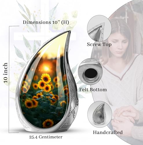 Image of Sunset Sunflower Urns for Human Ashes - Teardrop Urn for Human Ashes Adult - Yellow Sunflower Urn for Adult Male and Female - Cremation Urns for Men and Women 10inch