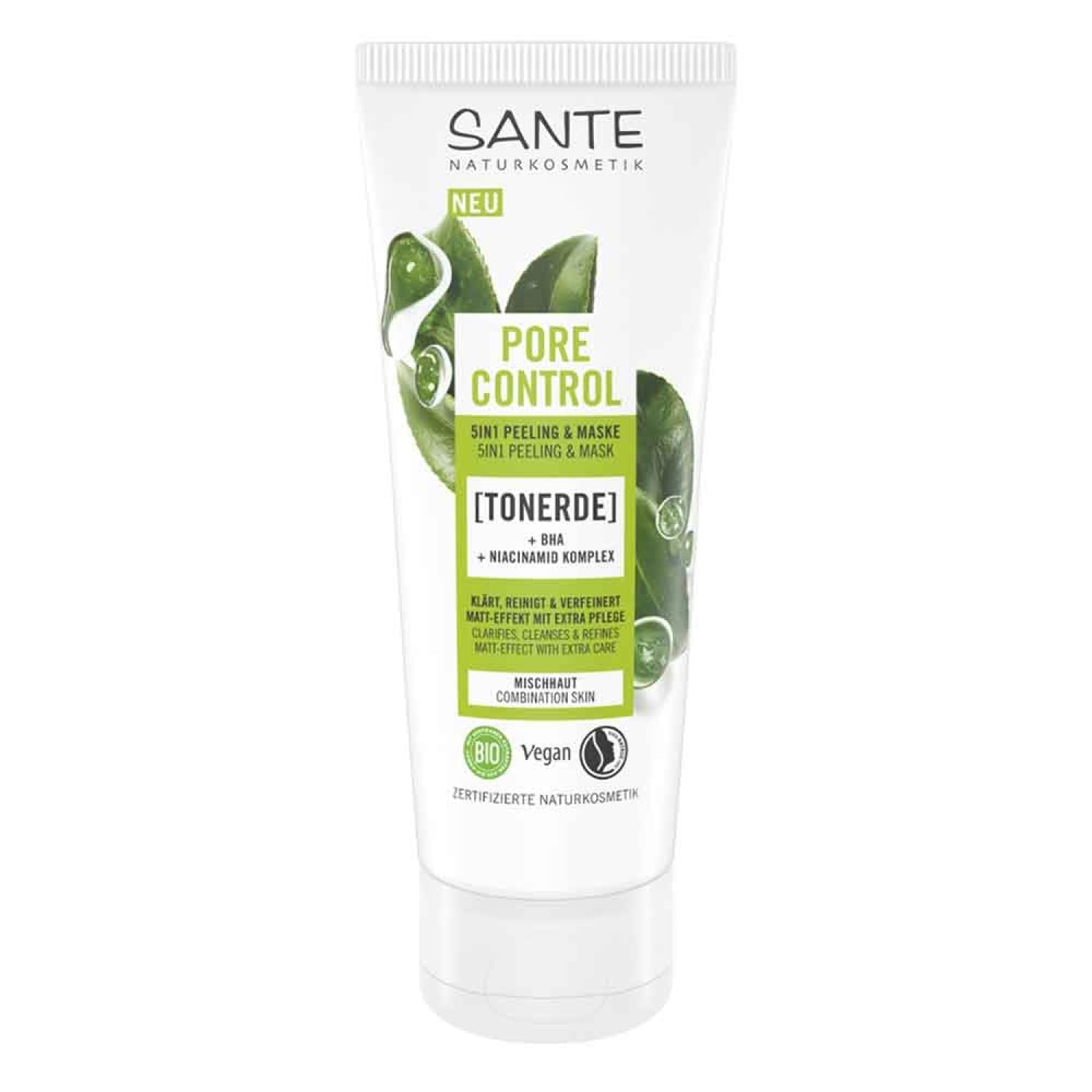 SANTE Naturkosmetik Pore Control 5in1 Peeling & Maske mit mattierendem Bio-Grüner Tee, BHA & Niacinamid Komplex – Vegane Gesichtspflege für Mischhaut, porenverfeinernde Reinigung, 100ml