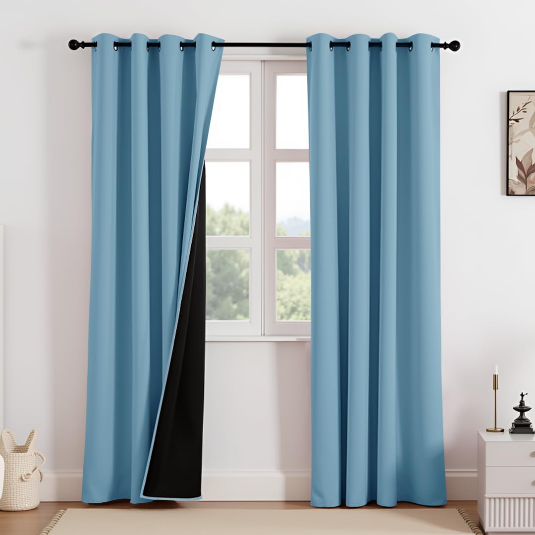 HOMEMONDE 100% True Blackout Curtains 8 Feet Long - Faux Silk Light Blocking Curtains with Black Backing, Energy Efficient and Room Darkening Panels Pack of 6 - (96 Inch, Solid Sky Blue)