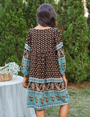 Image of Bluetime Women Casual Summer Dress Boho V Neck 3 /4 Sleeve Babydoll Floral Print Flowy Beach Dress