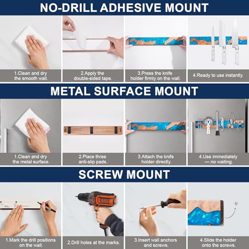 ENOKING Magnetic Knife Holder for Wall 40cm, Acacia Burl Wood & Blue Resin Magnetic Knife Strip Bar, Powerful Magnet Kitchen Knife Storage Rack, Space-Saving Wall Mounted Organizer - Image 4