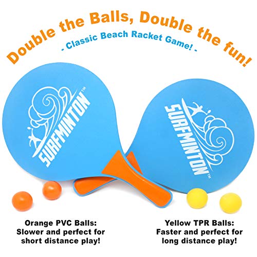 VIAHART Surfminton Classic Blue and Orange Beach Tennis Wooden Paddle Game Set (4 Balls, 2 Thick Water Resistant Wooden Rackets, 1 Reusable Mesh Bag) | New and Improved Fall 2019!