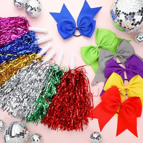Knitgrip 36 Pcs 10 Inch Cheerleading Pom Poms Bulk and 7 Inch Large Cheerleading Hair Bow for Girl Cheer Pompoms Accessories for Sport Events Dance Party Basketball Football Team(Multicolor)