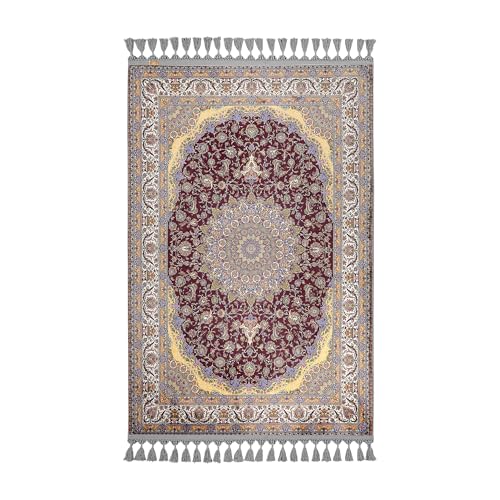 Alfombra de oración turca con borlas y diseño tradicional de medallón burdeos 2